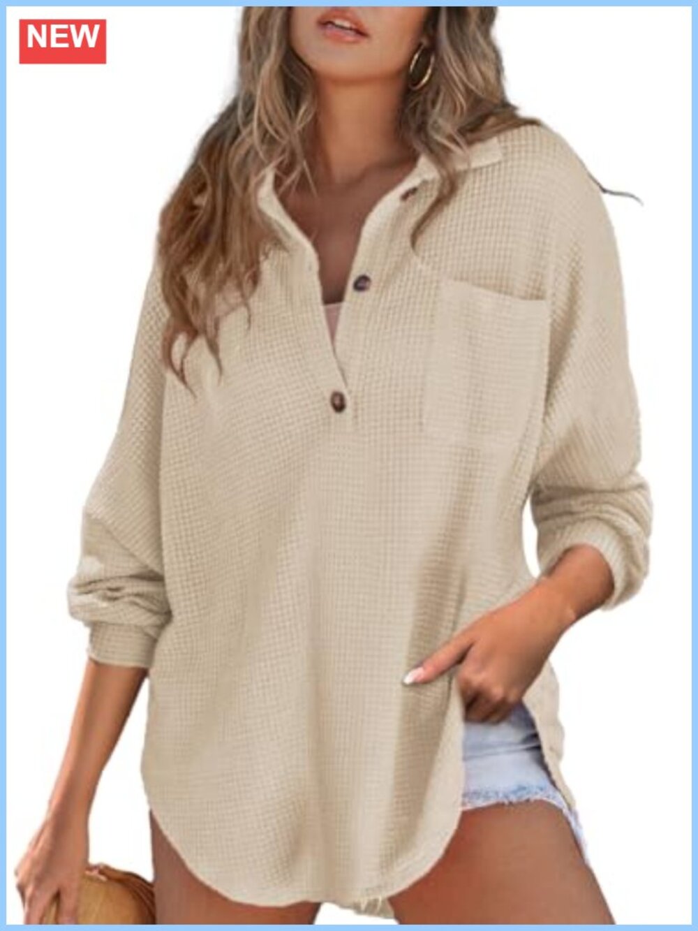 Oversized Waffle Knit Long Sleeve Henley Shirt